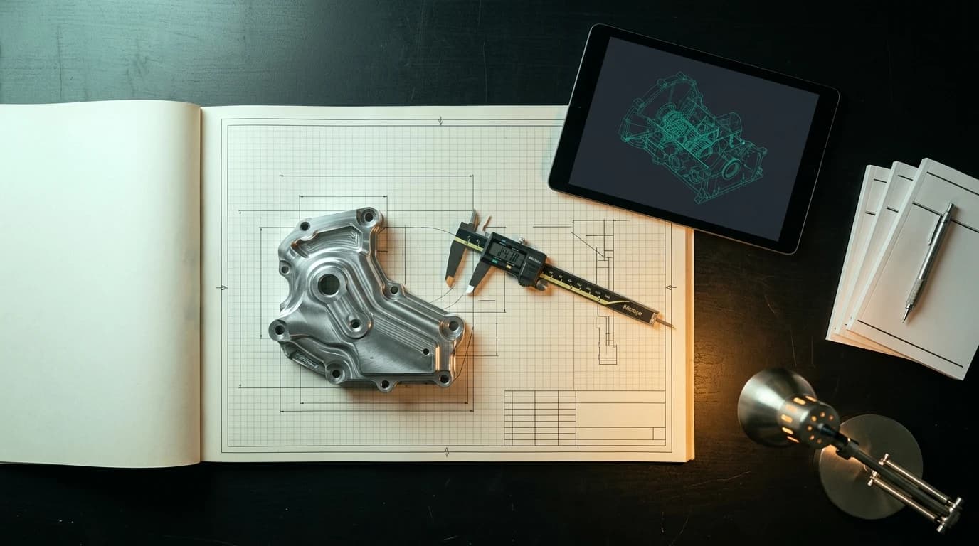 An engineering review desk: a machined aluminium part on a technical drawing, a digital caliper and standards booklets