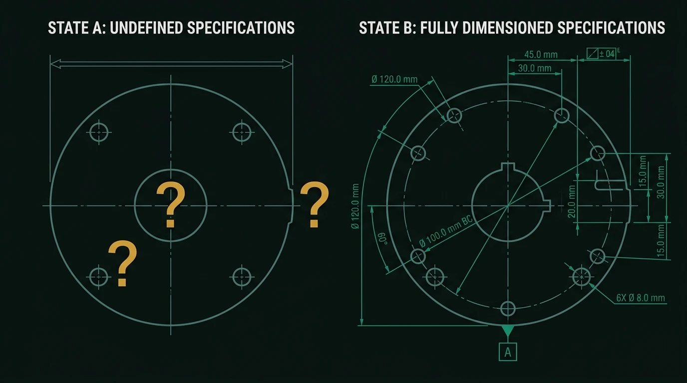 The same plate under-specified versus fully dimensioned from a stated datum