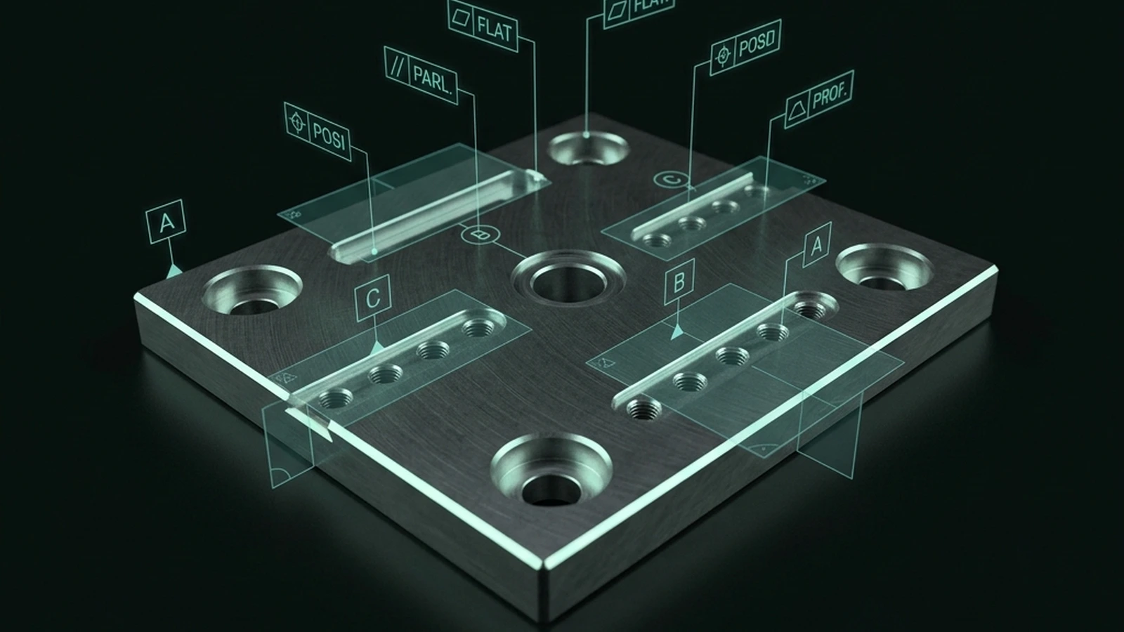 GD&T feature control frames over a machined plate