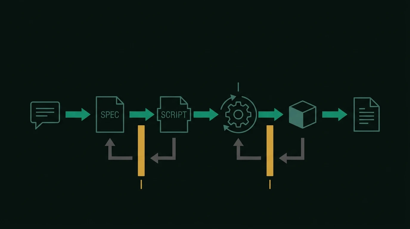 Text-to-CAD pipeline from prompt to spec to script to kernel, with validation gates feeding back