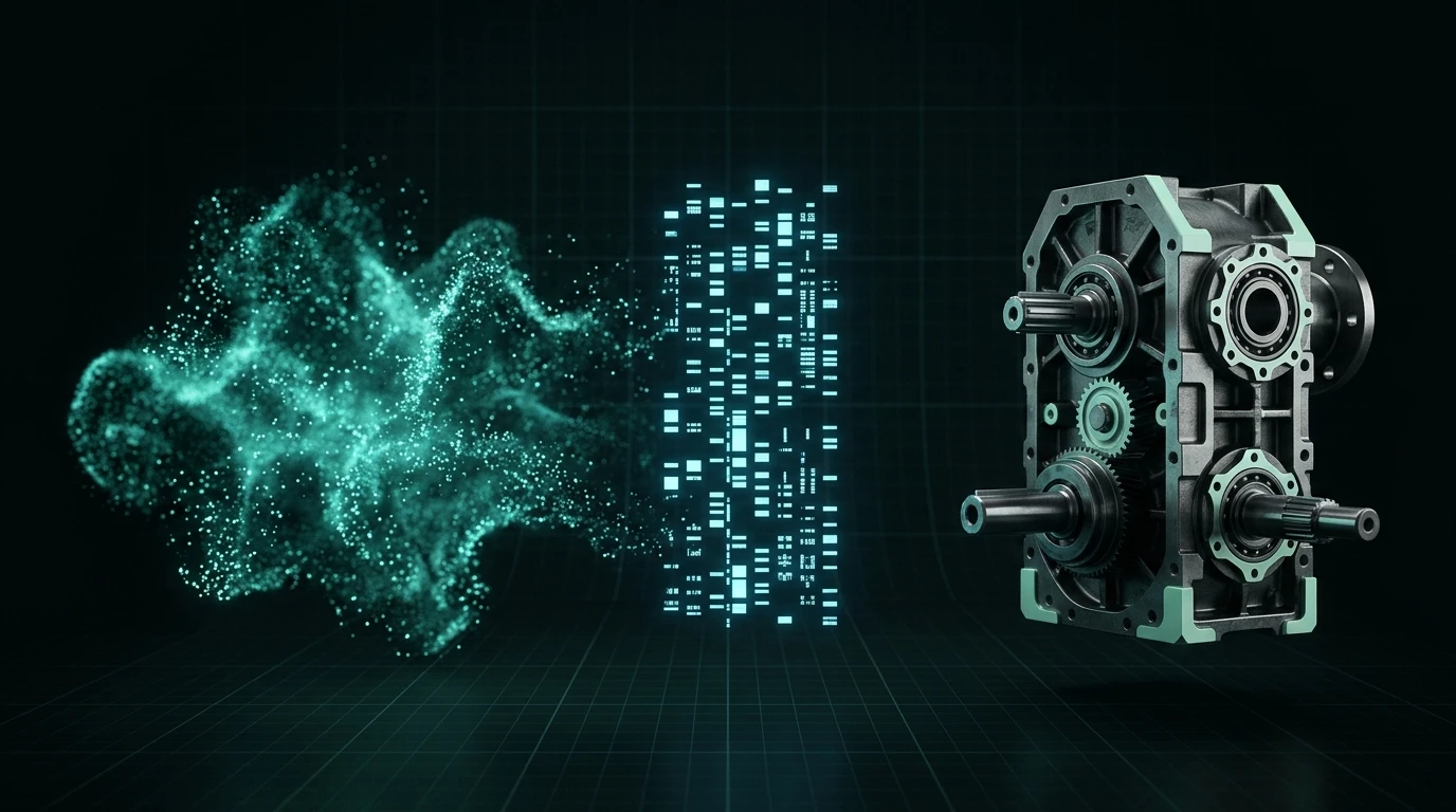 A prompt condensing into generation code and resolving into a machined gearbox housing