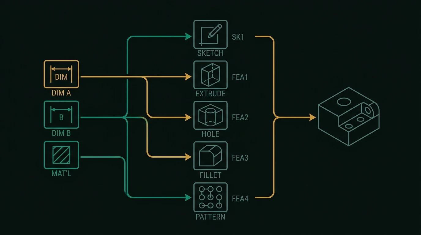Driving parameters feeding an ordered feature tree, one change propagating downstream