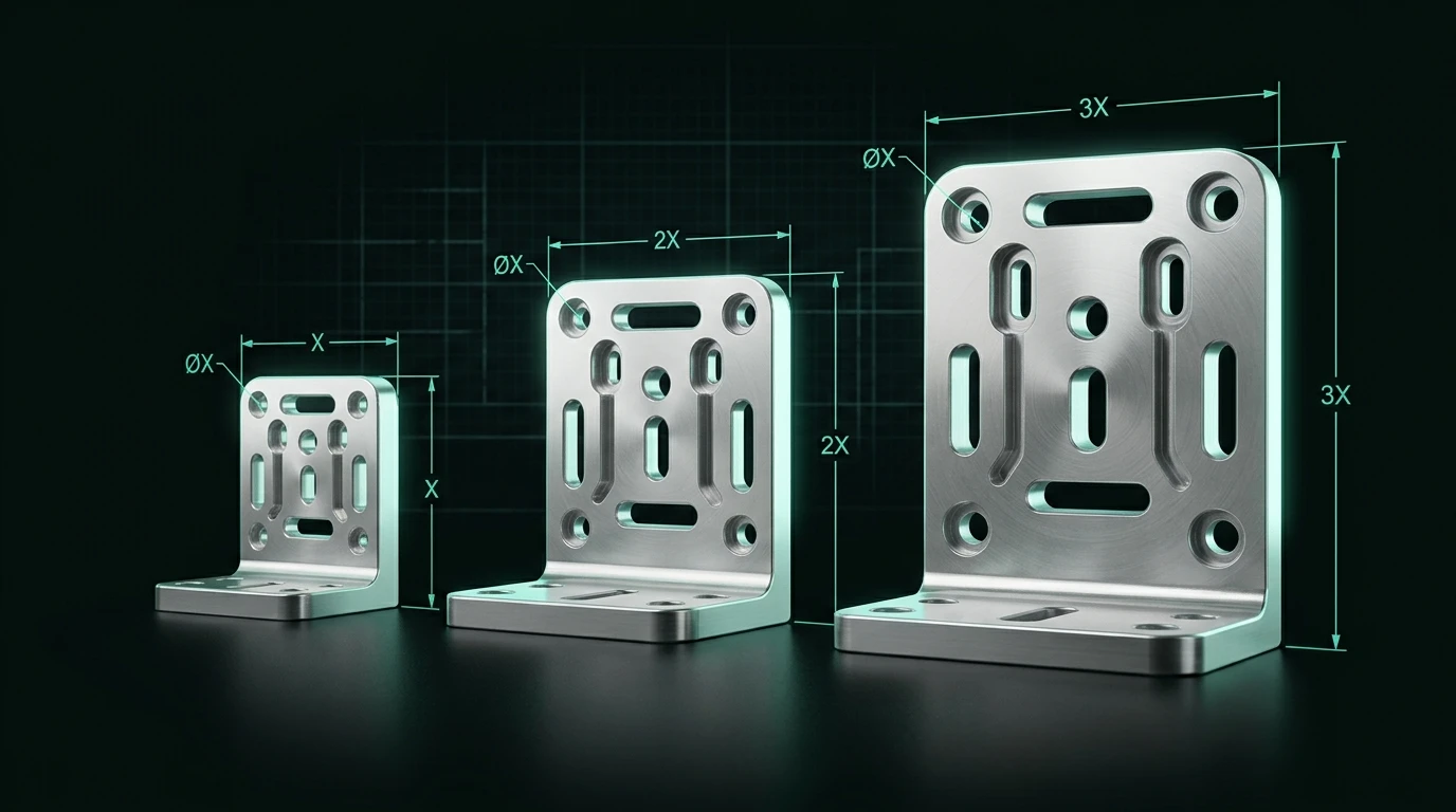 One parametric bracket regenerated at three sizes with its hole pattern following