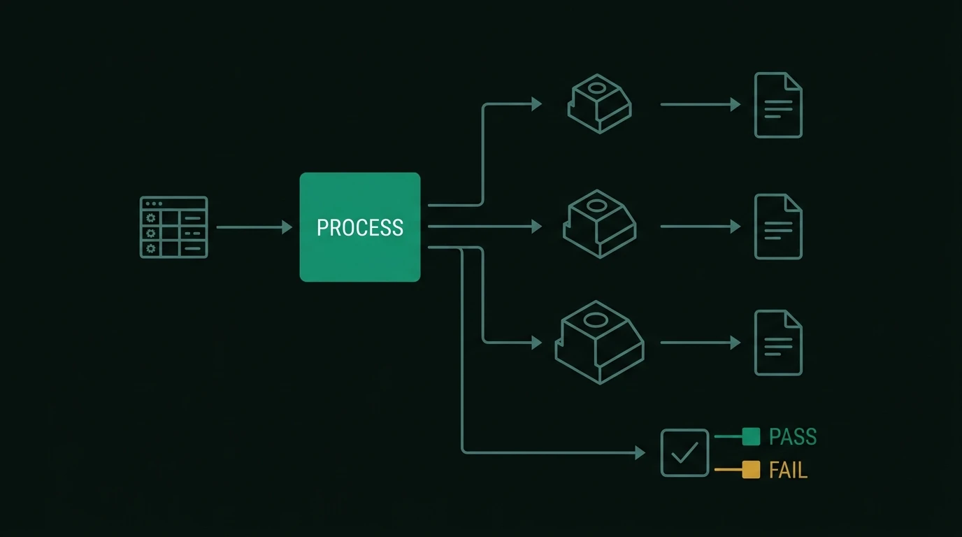 A parameter table feeding one function that emits several sized parts, each checked by an assertion