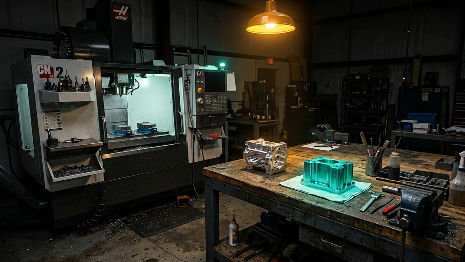 Shop-floor fixture holding a machined part next to a screen preview